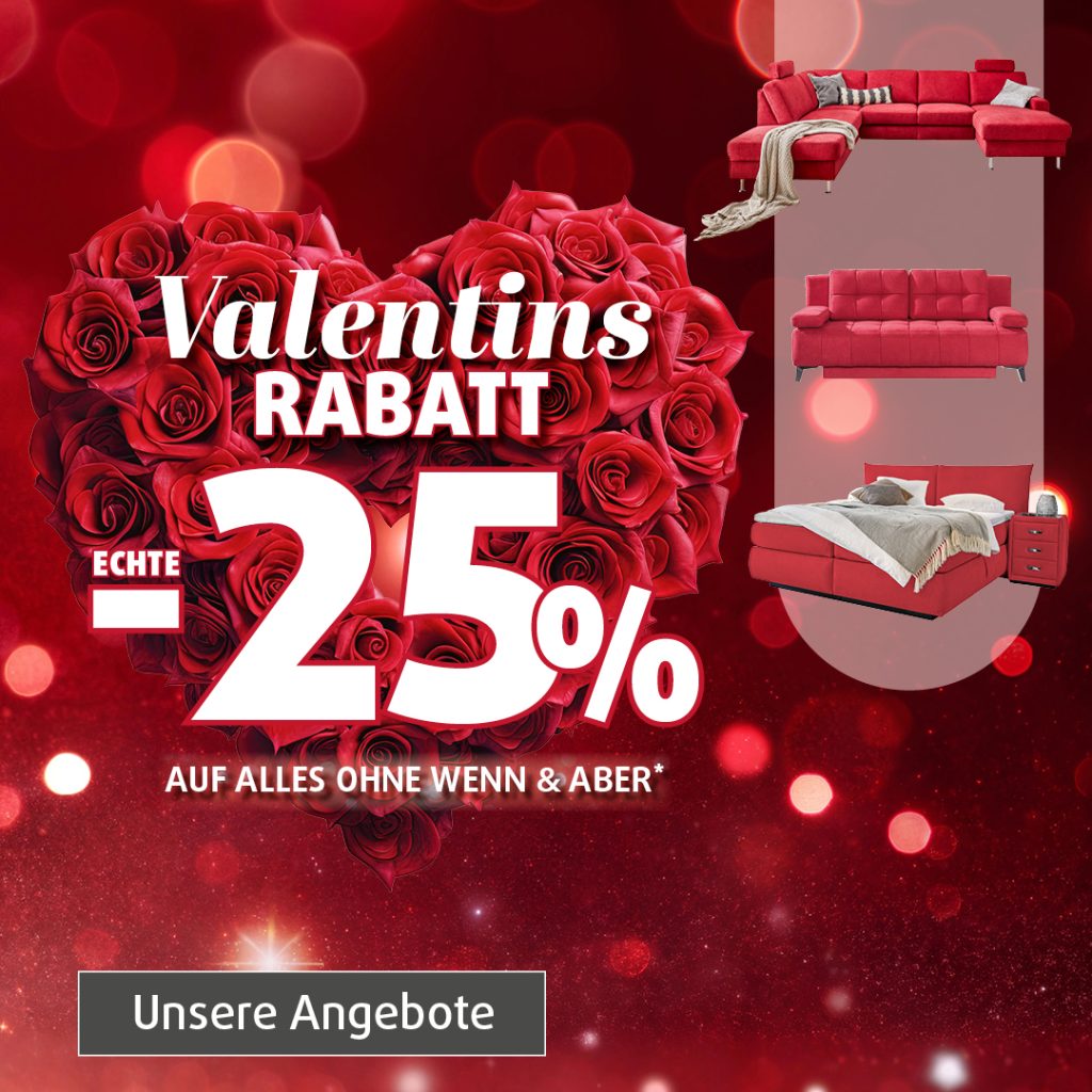 Valentins-Rabatt mit 25 Prozent auf Möbel, verlängert bis 18. Februar, mobile Werbegrafik