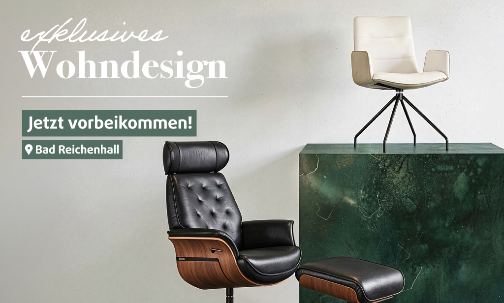 Exklusives Wohndesign bei Polstermöbel Fischer in Bad Reichenhall mit schwarzem Leder-Relaxsessel samt Hocker und modernem weißem Polsterstuhl. Jetzt vorbeikommen und entdecken!