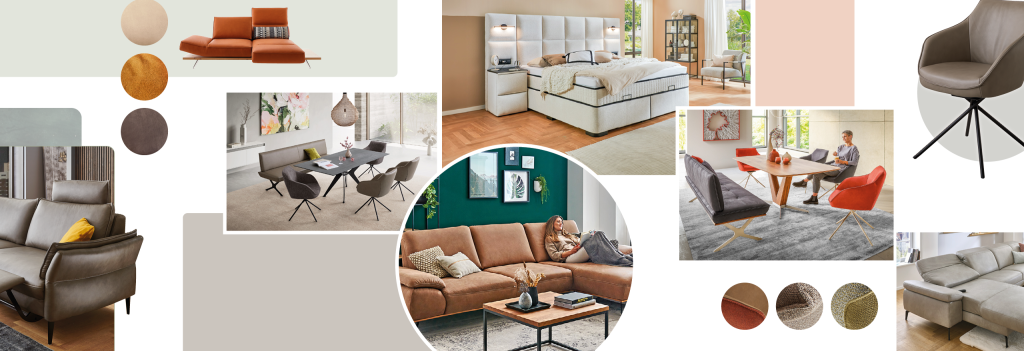 Collage mit exklusiven Polstermöbeln, Designer-Sofas, Sesseln, Betten und Esszimmermöbeln in modernem Wohndesign