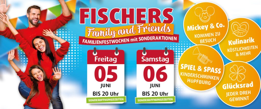 Family and Friends Aktion von Polstermöbel Fischer mit Sonderöffnungszeiten, Glücksrad, Kinderschminken, Hüpfburg und Kulinarik