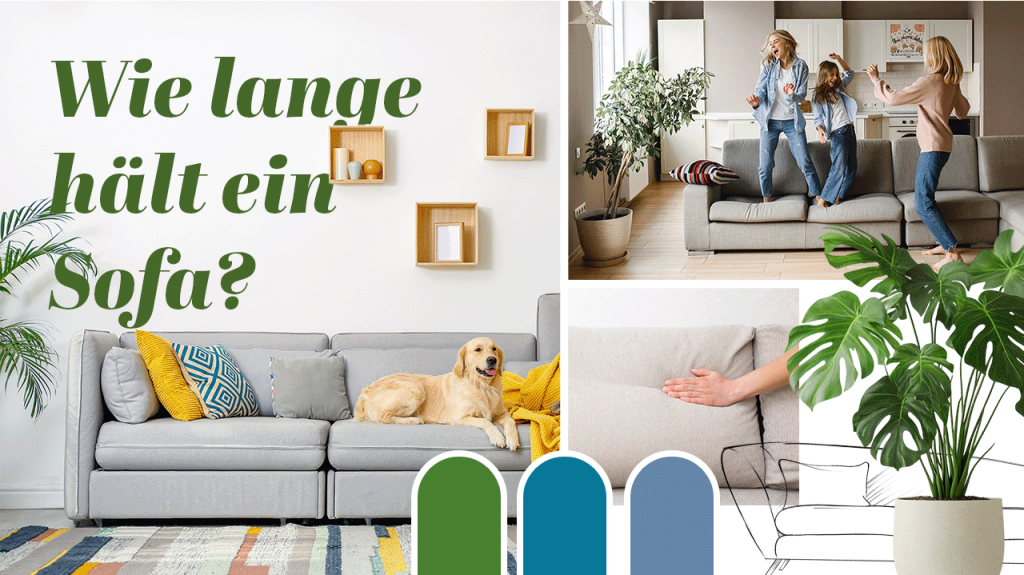Wie lange hält ein Sofa? Wohnzimmer mit grauem Sofa, Hund und Familie im Ratgeber zur Sofa-Lebensdauer