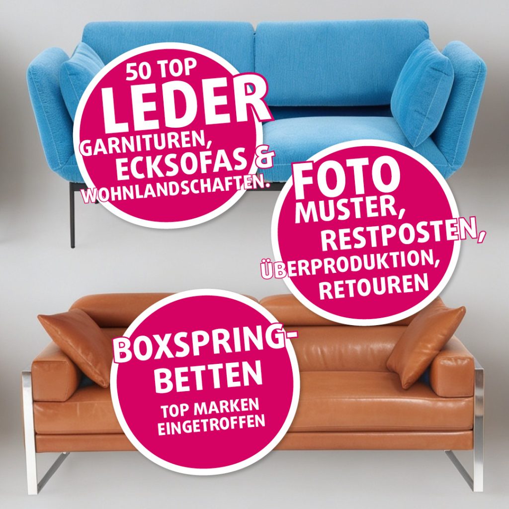 Polstermöbel Fischer Markenoutlet Motiv mit modernem Sofa und Hinweis auf Leder Garnituren, Boxspringbetten sowie Foto-Muster, Restposten und Retouren