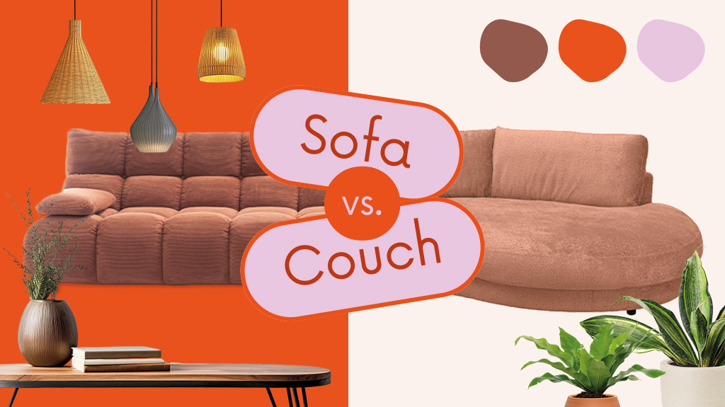 Sofa vs. Couch Vergleichsgrafik von Polstermöbel Fischer mit modernen Sofas, Wohnaccessoires und farbigem Design