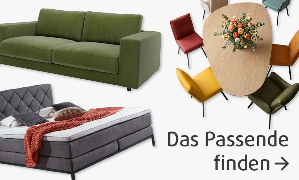 Polstermöbel Fischer Inspirationen mit grünem Sofa, grauem Boxspringbett und Esstisch mit farbigen Stühlen – das Passende finden