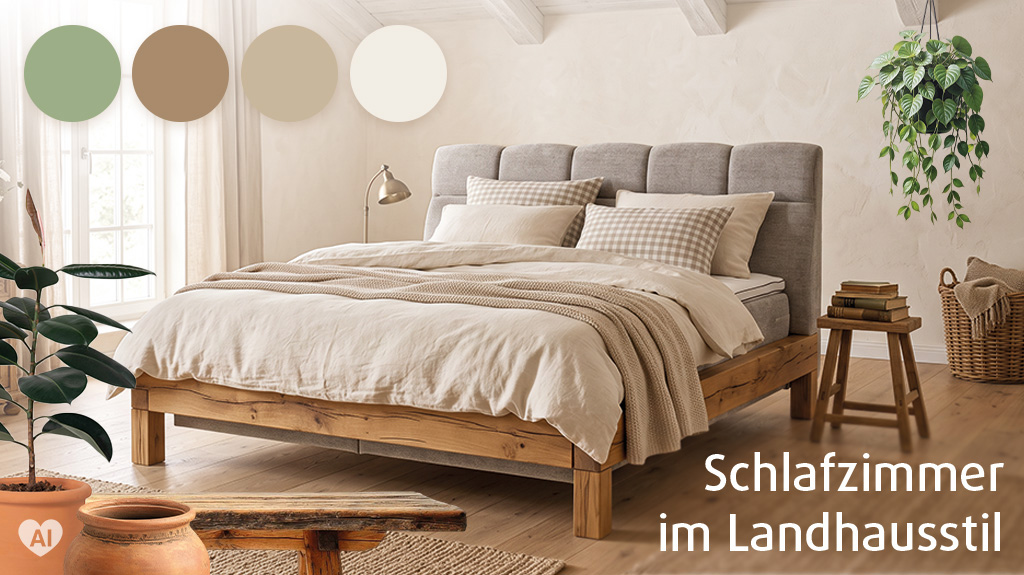 Schlafzimmer im Landhausstil mit Holzbett, Naturmaterialien und warmen Beige- und Grüntönen – Inspiration von Polstermöbel Fischer