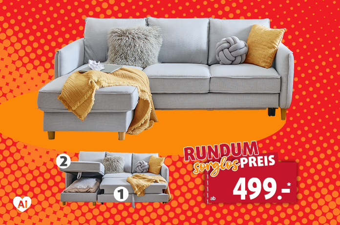 ECKSOFA STOFF ca. 163 x 223 cm, INKLUSIVE 1) Bettfunktion und 2) Stauraum.