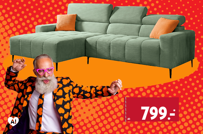 ECKSOFA STOFF ca. 276 x 219 cm, INKLUSIVE 1) Kopfteilverstellung, weitere Funktionen gegen Aufpreis erhältlich.