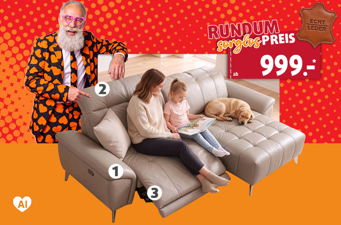 ECKSOFA LEDER ca. 266 x 175 cm, INKLUSIVE 2x 1) Armteil-, 2x 2) Kopfteilverstellung und 1x 3) Relaxfunktion elektrisch ab 1299.-.
