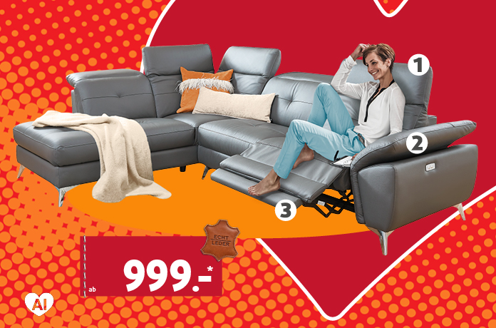 ECKSOFA LEDER ca. 210 x 281 cm. INKLUSIVE 3x 1) Kopfteil-, 1x 2) Armlehnenverstellung und 1x 3) Relaxfunktion elektrisch ab 1399.-. Sitz und Rücken in Echtleder.