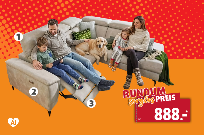 ECKSOFA STOFF ca. 280 x 222 cm, inklusive 1) Kopfteilverstellung, 2) USB-Anschluss und 3) Relaxfunktion elektrisch ab 1263.-