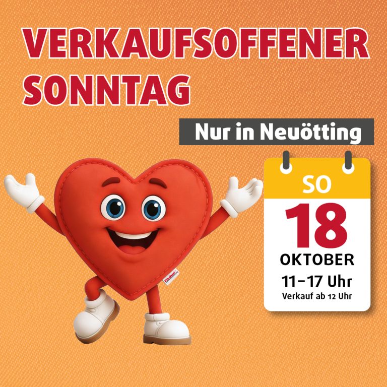 Verkaufsoffener Sonntag bei Polstermöbel Fischer Neuötting am 18. Oktober von 11 bis 17 Uhr mit Fischer Herz-Maskottchen