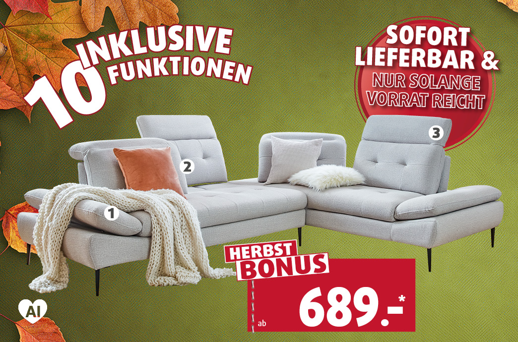 ECKSOFA STOFF ca. 303 x 224 cm, inklusive 2x 1) Armteilverstellung,  4x 2) Sitztiefenverstellung und 4x 3) Kopfteilverstellung.