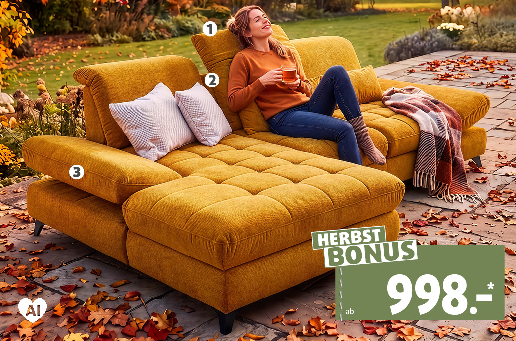 ECKSOFA STOFF ca. 286 x 186 cm, Inklusive 2) Sitztiefenverstellung.  Inklusive 2x 3) Armlehnen- und 1x 1) Kopfteilverstellung ab 1175.-,  weitere Funktionen gegen Aufpreis erhältlich.