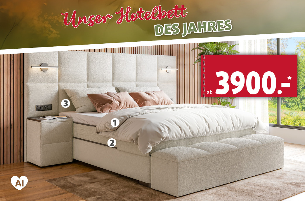BOXSPRINGBETT ca. 270 x 215 cm, Liegefläche ca. 180 x 200 cm, Höhe ca. 71 cm. Inklusive 2) Bettkasten und 2x 3) Nachttisch mit Steckdosensystem, USB und LED-Lampen. INKLUSIVE 1) Topper ab 4199.-, weitere Topper gegen Aufpreis erhältlich. Ohne Deko.